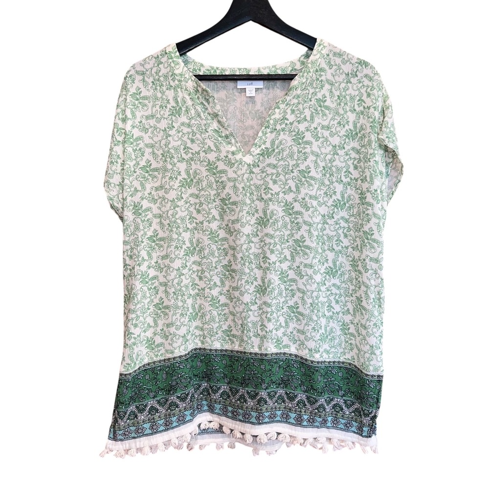 J.Jill Floral Tassel Hem Top Green White V-Neck Petite Size S Boho Lightweight